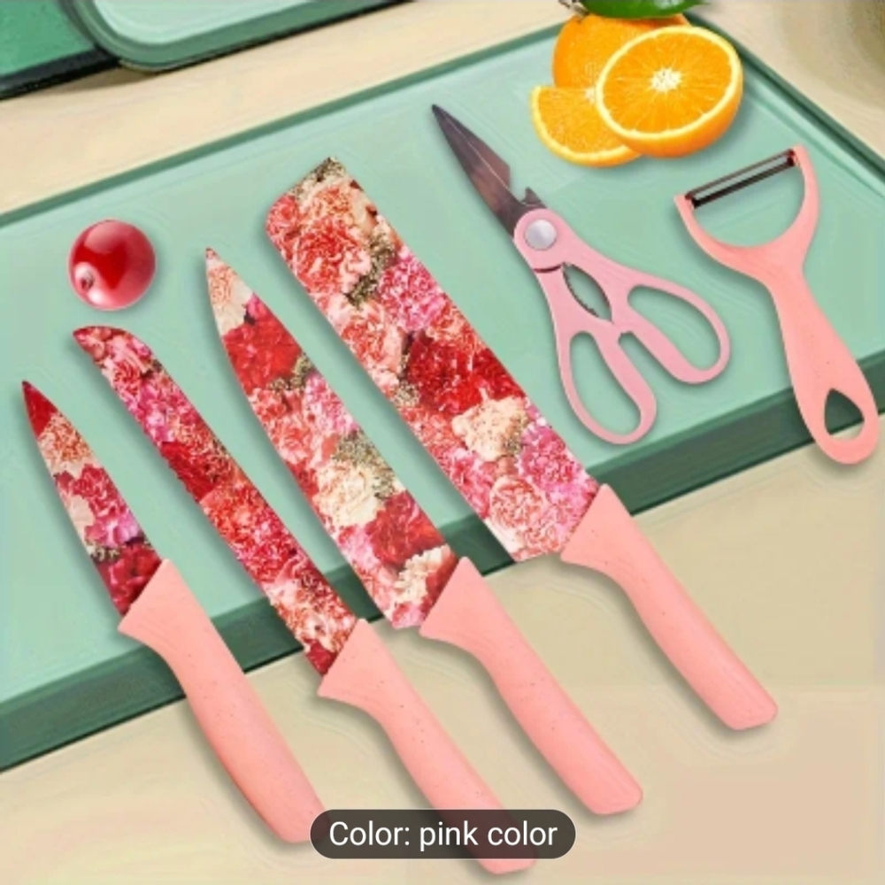 Pink Floral Knife Set with Scissors